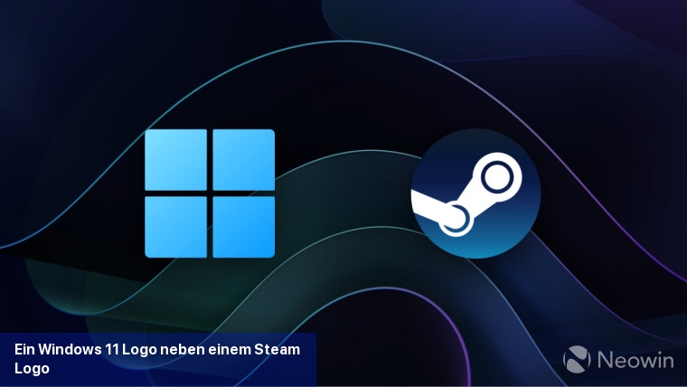 Ein Windows 11-Logo neben einem Steam-Logo