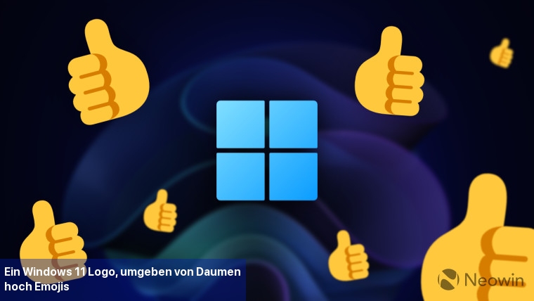 Ein Windows 11-Logo, umgeben von Daumen-hoch-Emojis