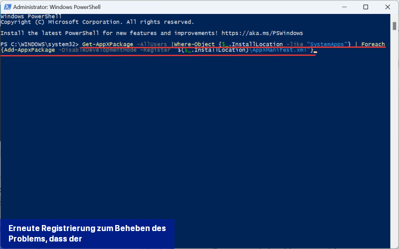 Erneute Registrierung zum Beheben des Problems, dass der Sperrbildschirmhintergrund auf den blauen Bildschirm von Windows 11 zurückgesetzt wird