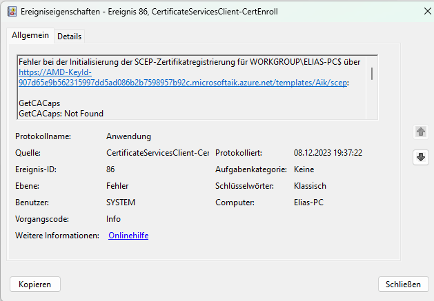 CertificateServicesClient-CertEnroll Ergebniss 86 Fehler Code