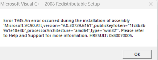 Windows 11 – Fehler 1935 beim Installieren des Visual C++ 2008 x64-Pakets