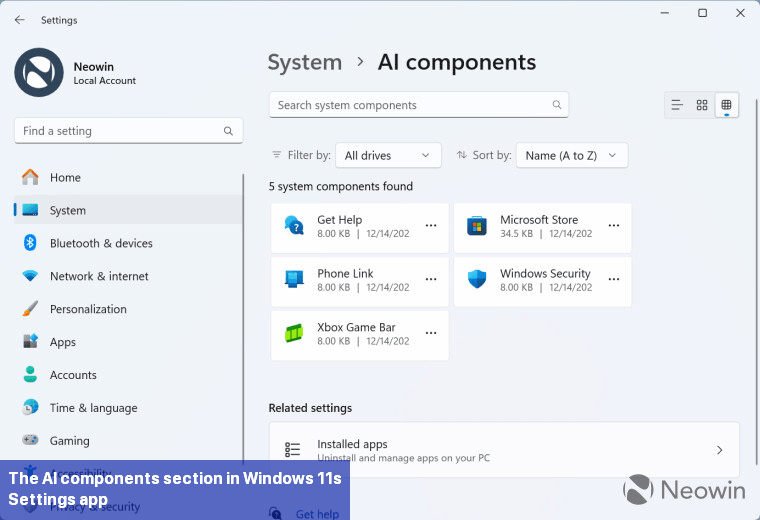 The AI components section in Windows 11s Settings app