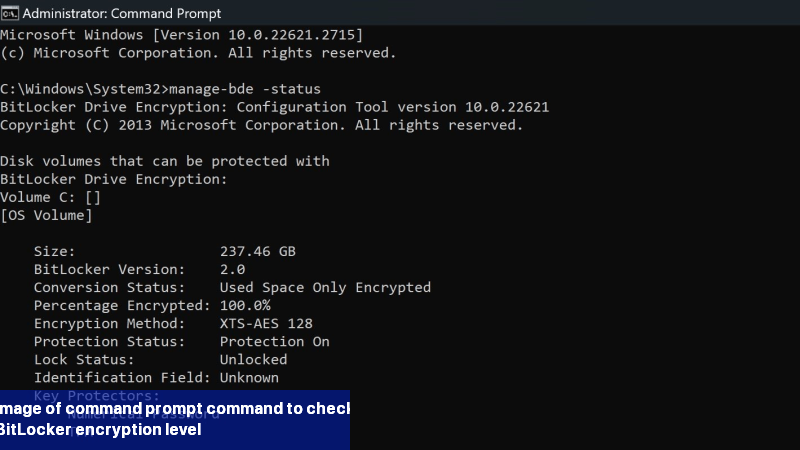 Image of command prompt command to check BitLocker encryption level