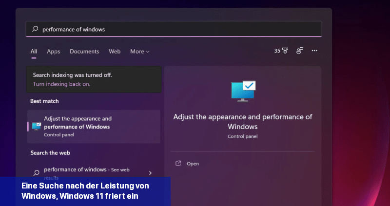 Eine Suche nach der Leistung von Windows, Windows 11 friert ein
