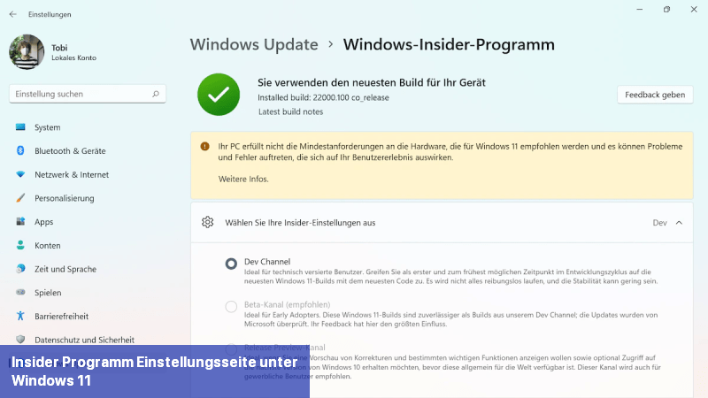 Insider Programm-Einstellungsseite unter Windows 11