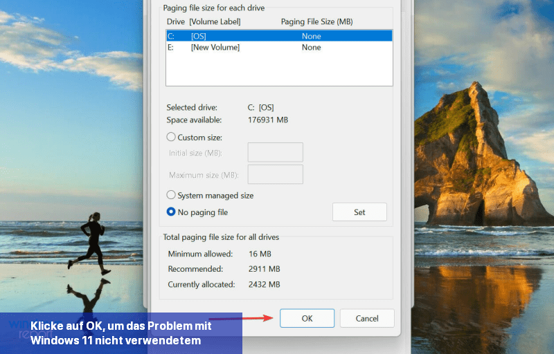 Klicke auf OK, um das Problem mit Windows 11 nicht verwendetem Arbeitsspeicher zu beheben