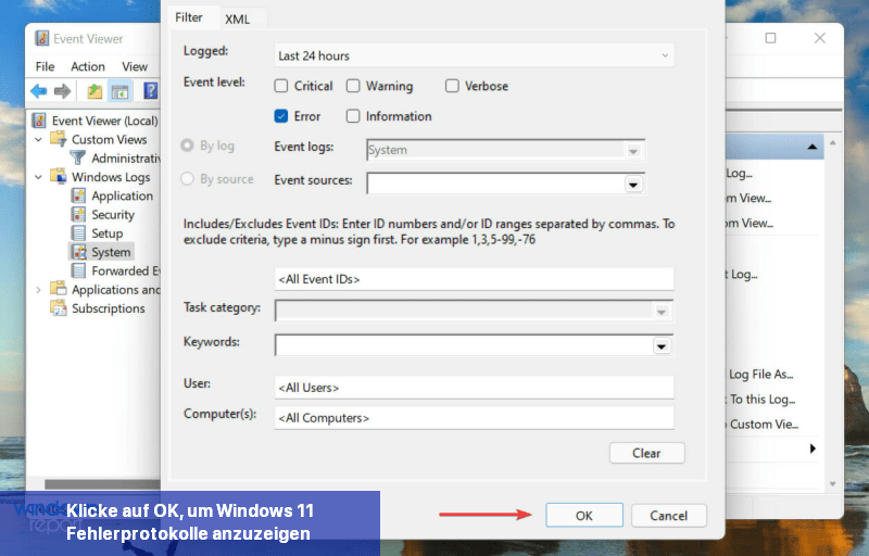 Klicke auf OK, um Windows 11 Fehlerprotokolle anzuzeigen