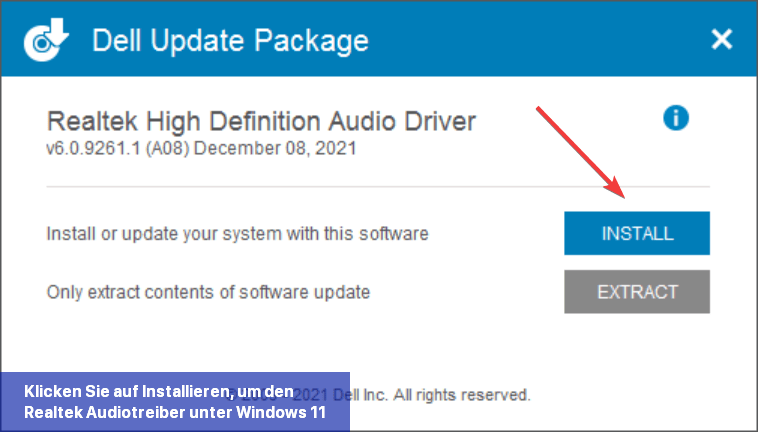Klicken Sie auf Installieren, um den Realtek-Audiotreiber unter Windows 11 herunterzuladen
