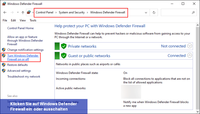 Klicken Sie auf Windows Defender Firewall ein- oder ausschalten