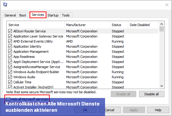 Kontrollkästchen Alle Microsoft-Dienste ausblenden aktivieren
