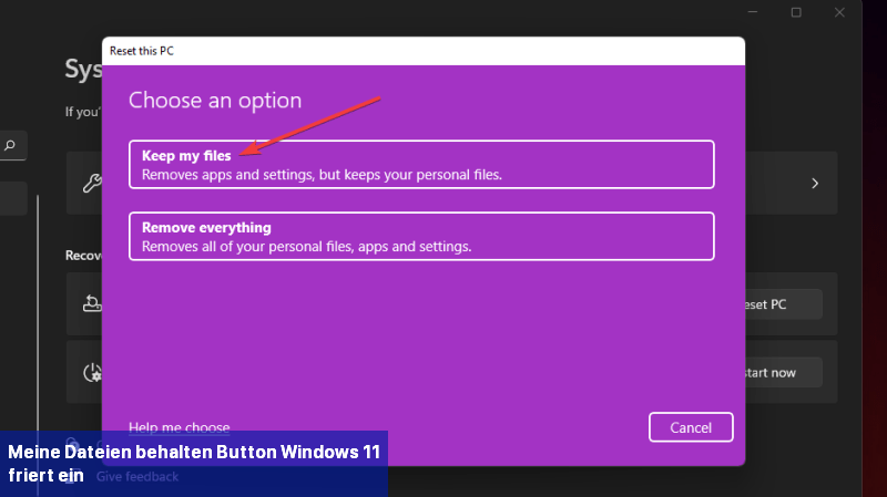 Meine Dateien behalten Button Windows 11 friert ein