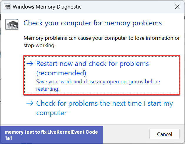 memory test to fix LiveKernelEvent Code 1a1