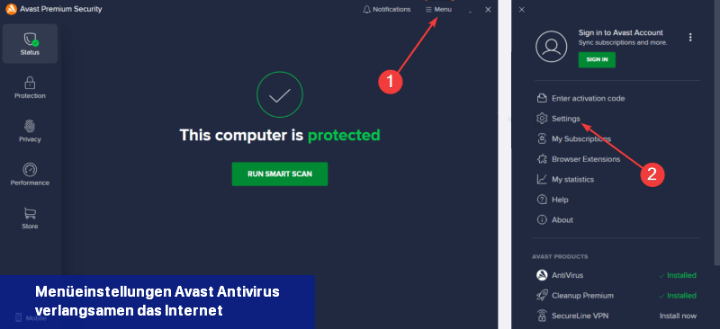 Menüeinstellungen Avast Antivirus verlangsamen das Internet