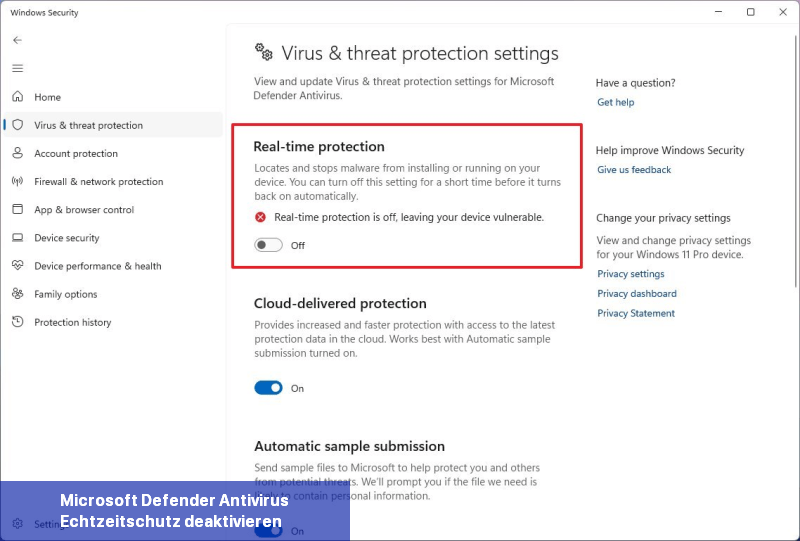 Microsoft Defender Antivirus Echtzeitschutz deaktivieren