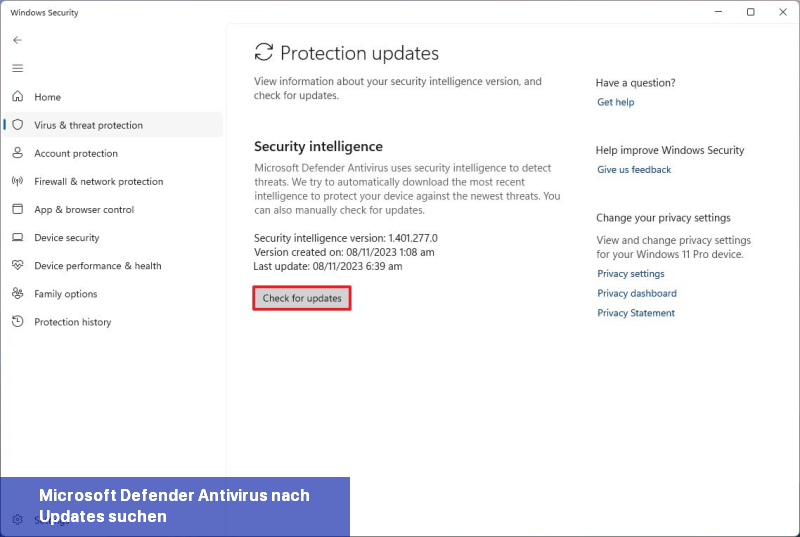 Microsoft Defender Antivirus nach Updates suchen