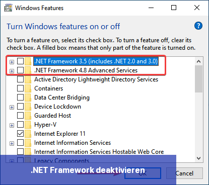 .NET Framework deaktivieren