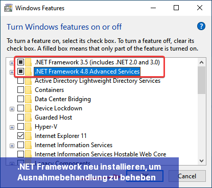 .NET Framework neu installieren, um Ausnahmebehandlung zu beheben