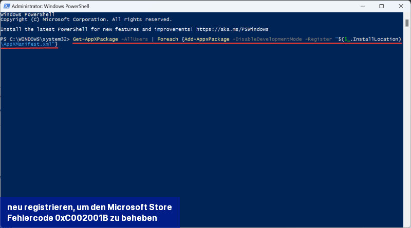 neu registrieren, um den Microsoft Store-Fehlercode 0xC002001B zu beheben