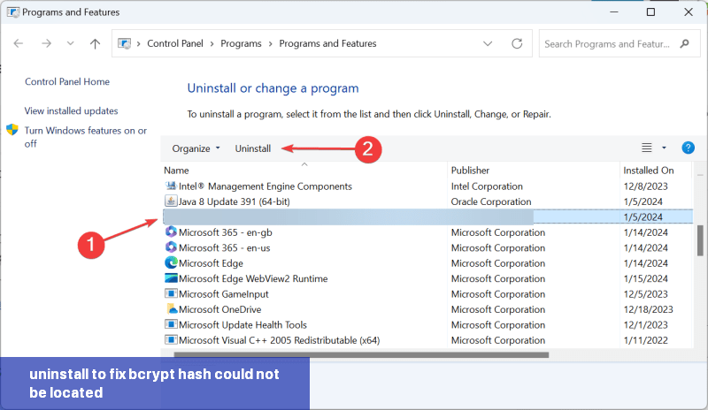 uninstall to fix bcrypt hash could not be located