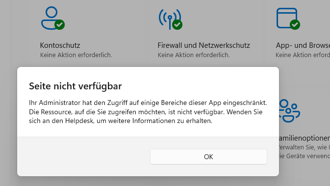 Viren und Bedrohungsschutz nicht mehr einstellbar/sichtbar