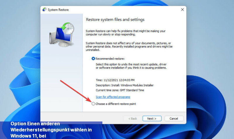 Option Einen anderen Wiederherstellungspunkt wählen in Windows 11, bei dem der Touchscreen nicht funktioniert