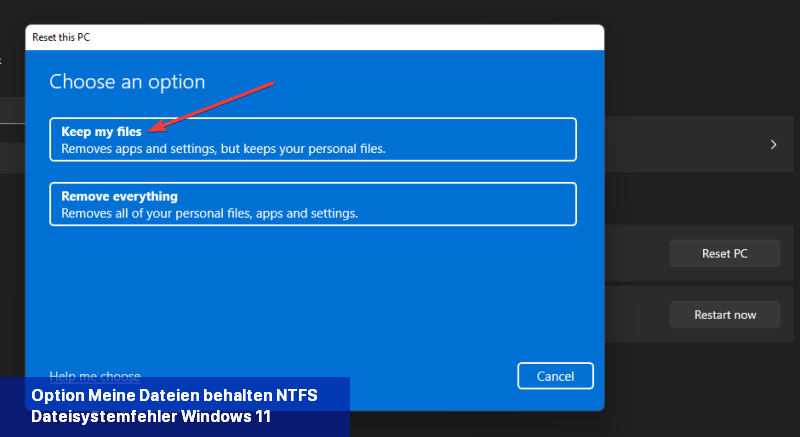 Option Meine Dateien behalten NTFS-Dateisystemfehler Windows 11