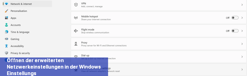 Öffnen der erweiterten Netzwerkeinstellungen in der Windows-Einstellungs-App.
