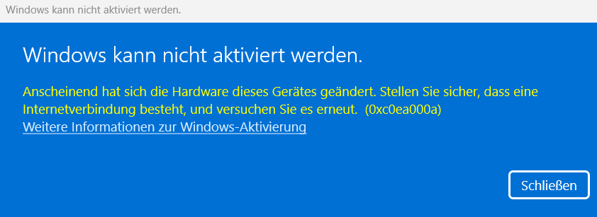 Aktivierung Windows 11 Fehler 0xC0EA000A