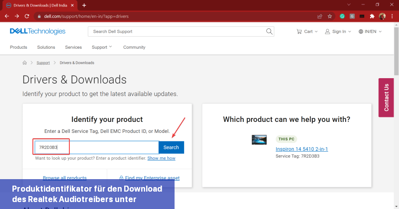 Produktidentifikator für den Download des Realtek-Audiotreibers unter Windows 11 eingeben