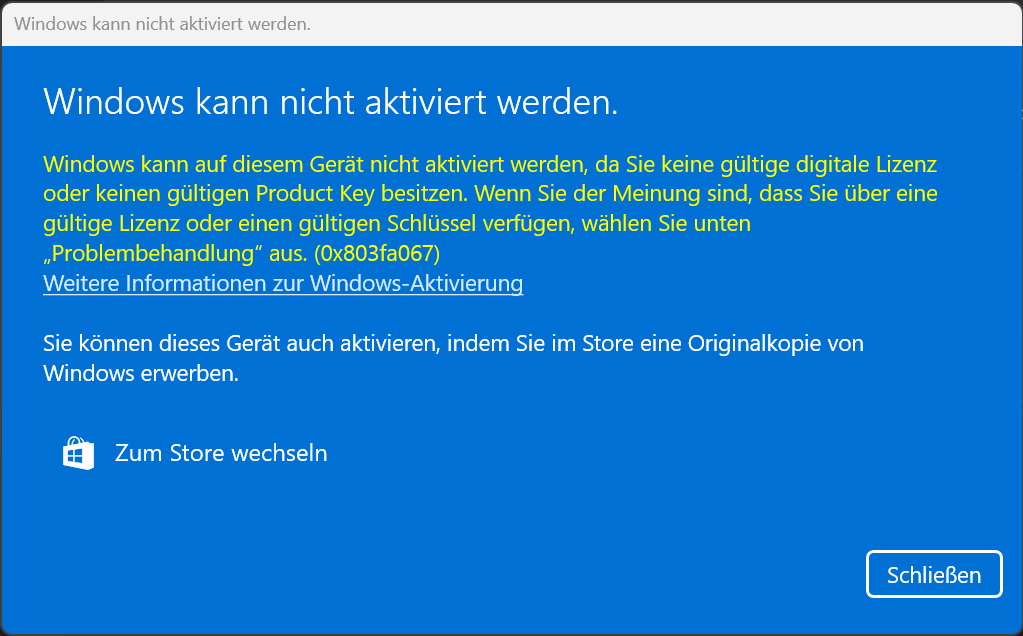 Windows 11 kann nicht aktiviert werden nach Neuinstallation (vorher Windows 10) auf gleichem Rechner, andere SSD