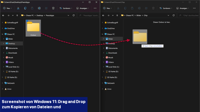 Screenshot von Windows 11: Drag and Drop zum Kopieren von Dateien und Ordnern
