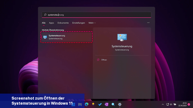 Screenshot zum Öffnen der Systemsteuerung in Windows 11