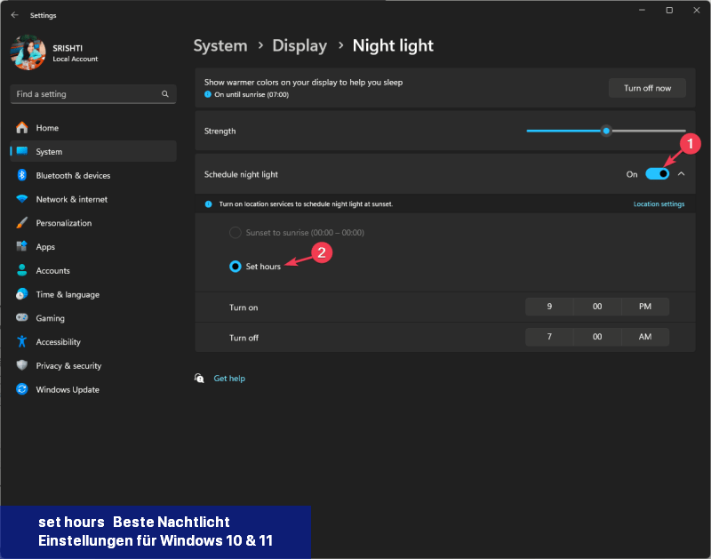 set hours - Beste Nachtlicht-Einstellungen für Windows 10 & 11