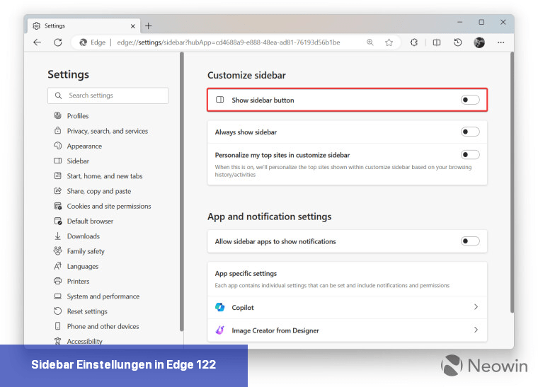 Sidebar-Einstellungen in Edge 122