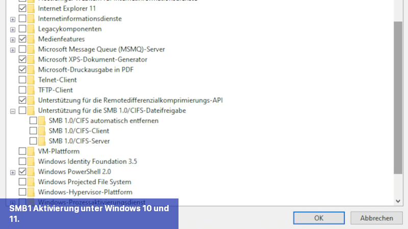 SMB1 Aktivierung unter Windows 10 und 11.