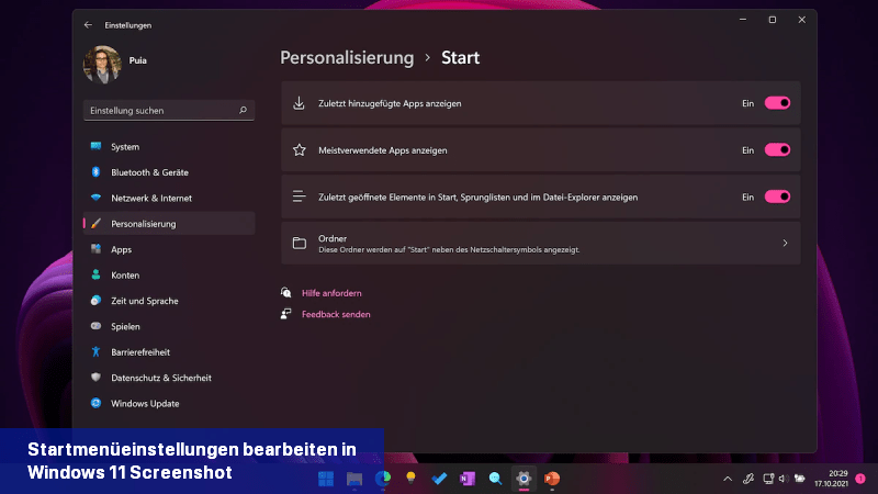 Startmenüeinstellungen bearbeiten in Windows 11 Screenshot