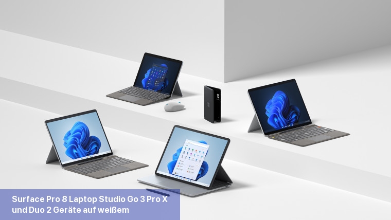 Surface Pro 8 Laptop Studio Go 3 Pro X und Duo 2 Geräte auf weißem Hintergrund platziert