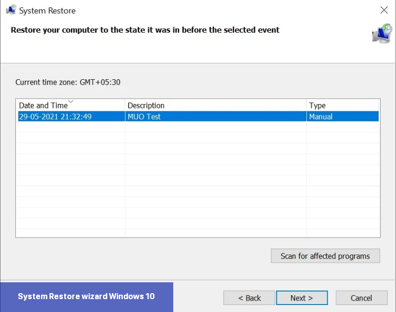 System Restore wizard Windows 10