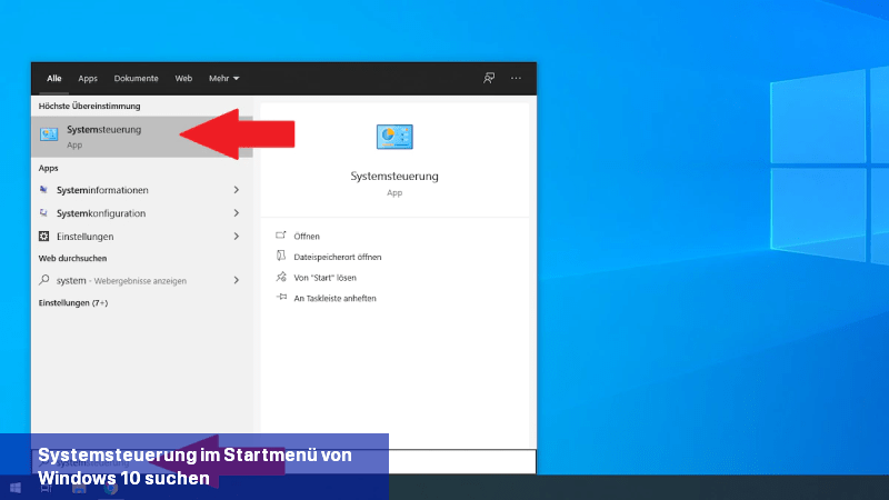 Systemsteuerung im Startmenü von Windows 10 suchen