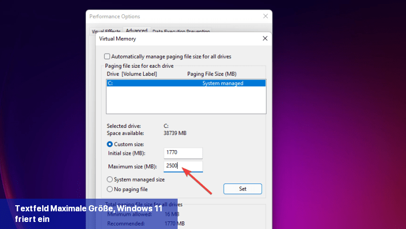 Textfeld Maximale Größe, Windows 11 friert ein