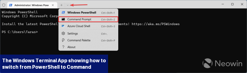 The Windows Terminal App showing how to switch from PowerShell to Command Prompt profile