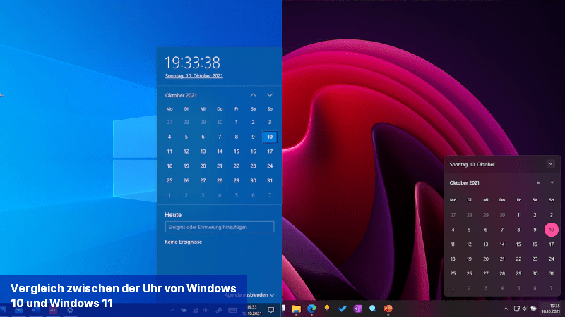 Vergleich zwischen der Uhr von Windows 10 und Windows 11
