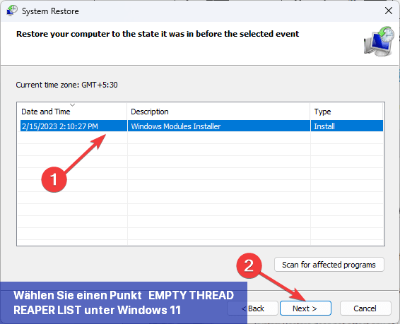 Wählen Sie einen Punkt - EMPTY_THREAD_REAPER_LIST unter Windows 11