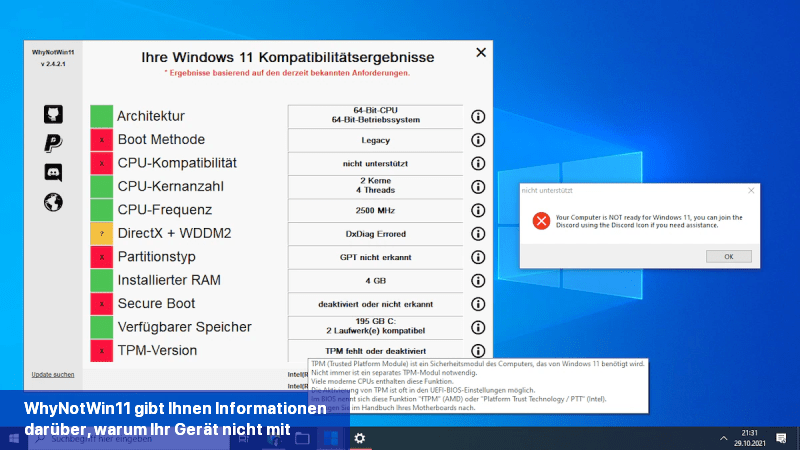 WhyNotWin11 gibt Ihnen Informationen darüber, warum Ihr Gerät nicht mit Windows 11 kompatibel ist.