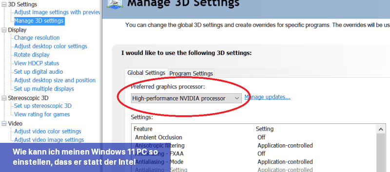 Wie kann ich meinen Windows 11 PC so einstellen, dass er statt der Intel-GPU die Nvidia-GPU für die Anzeige verwendet?