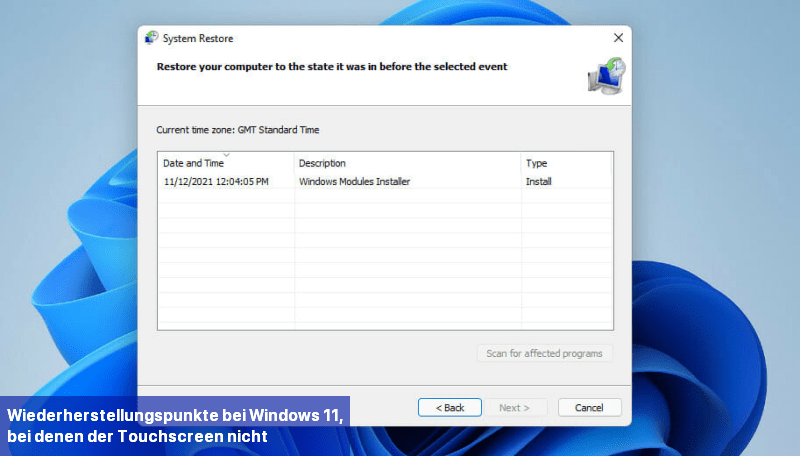 Wiederherstellungspunkte bei Windows 11, bei denen der Touchscreen nicht funktioniert