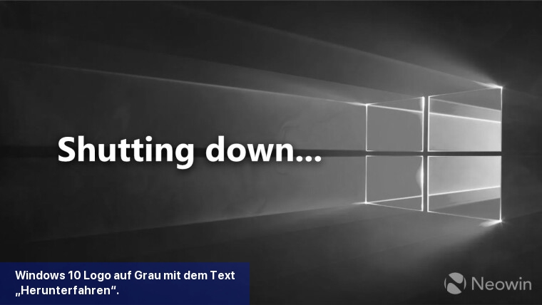 Windows 10-Logo auf Grau mit dem Text „Herunterfahren“.