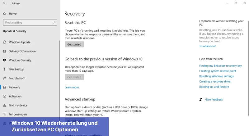 Windows 10 Wiederherstellung und Zurücksetzen PC-Optionen