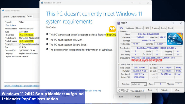 Windows 11 24H2-Setup blockiert aufgrund fehlender PopCnt-Instruction