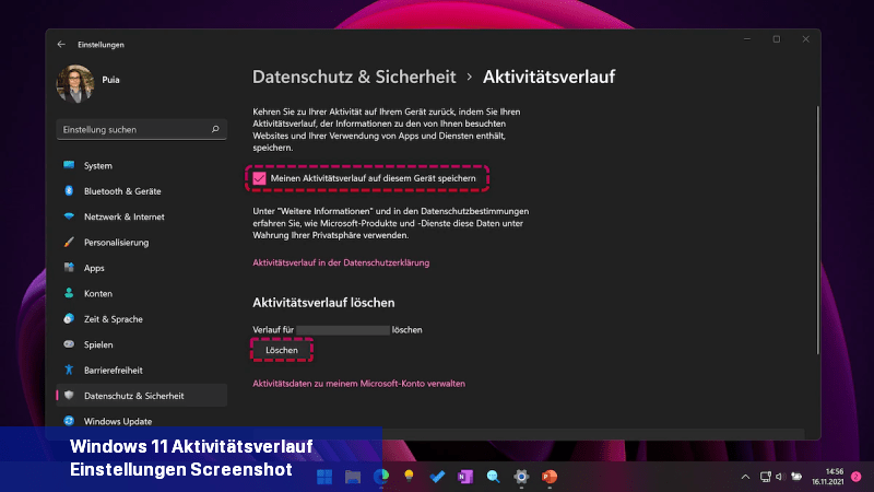 Windows 11 Aktivitätsverlauf Einstellungen Screenshot